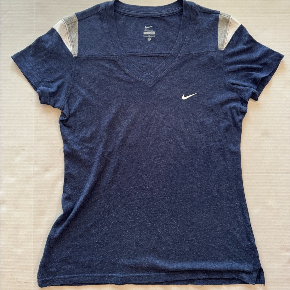 Nike Women's Dark Blue V-Neck Tee with Gray Accents size medium